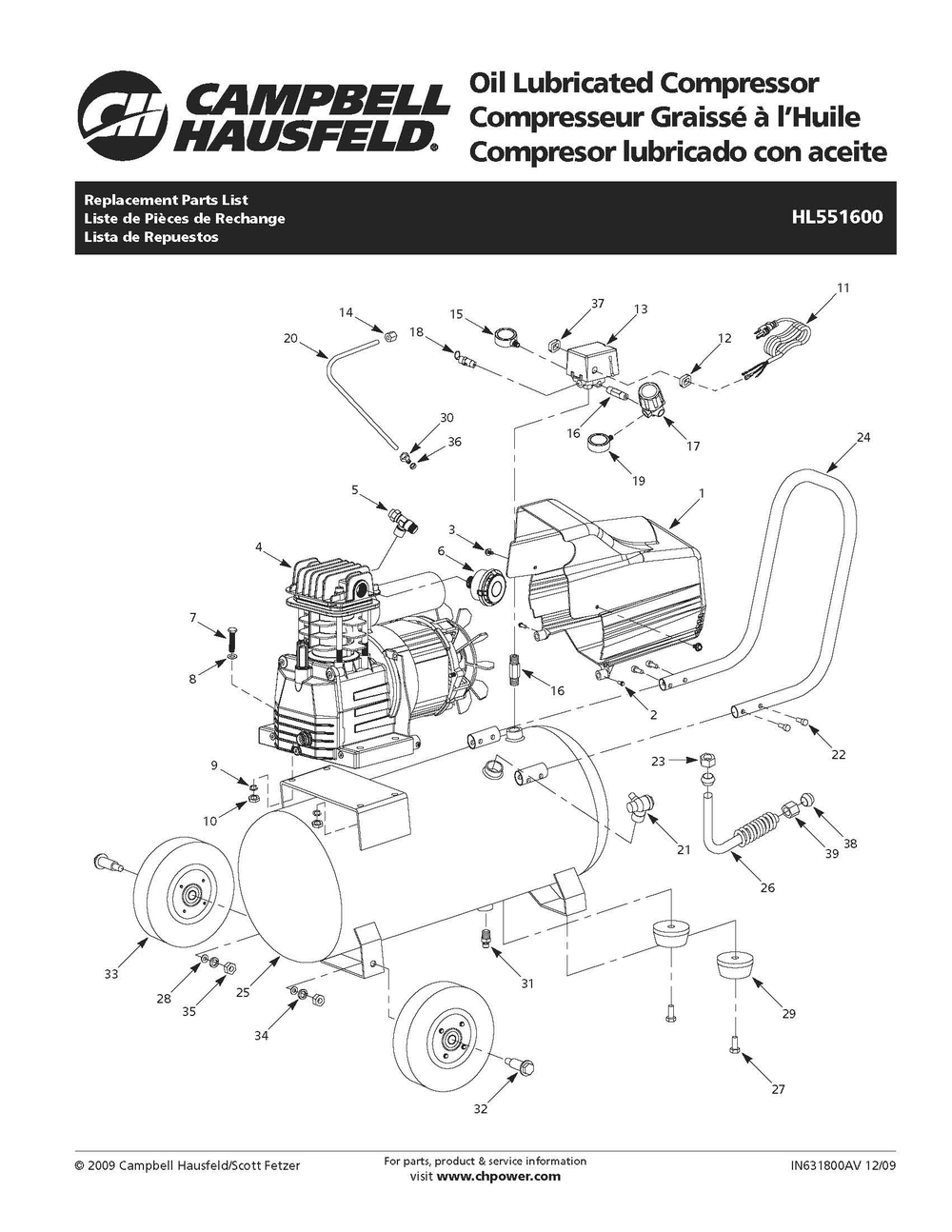 Hl551600 Tank Parts Diagram and Parts List for HL551600  Campbell Hausfeld Compressor